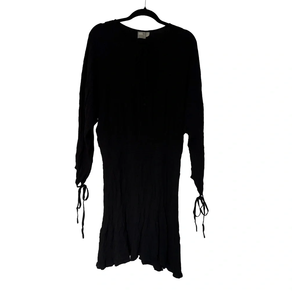 ASOS Black Crinkle Swim Cover Up Dress with Smocked Waist and Ties - Picture 3 of 9
